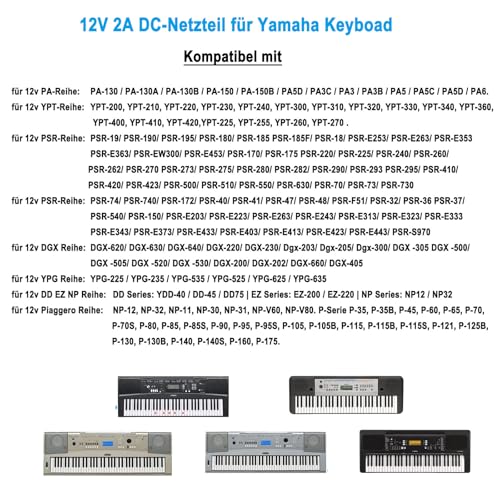12V 2A Netzteil für Yamaha Keyboard AC Power Adapter für PA-130a PA-130b PA-150b P45 PA-3b PA-3c PA-5d PSR-210 PSR-78 P125 E373 EZ-220 EZ-300 Electronic Piano Power Cord.