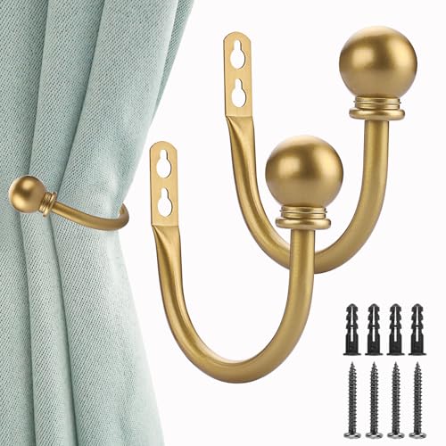 Sumnacon Set of 2 Decorative Curtain Holdbacks Wall Mounted Aluminum Alloy Window Drapery Tiebacks for Bedroom Livingroom Office Come with Screws Gold