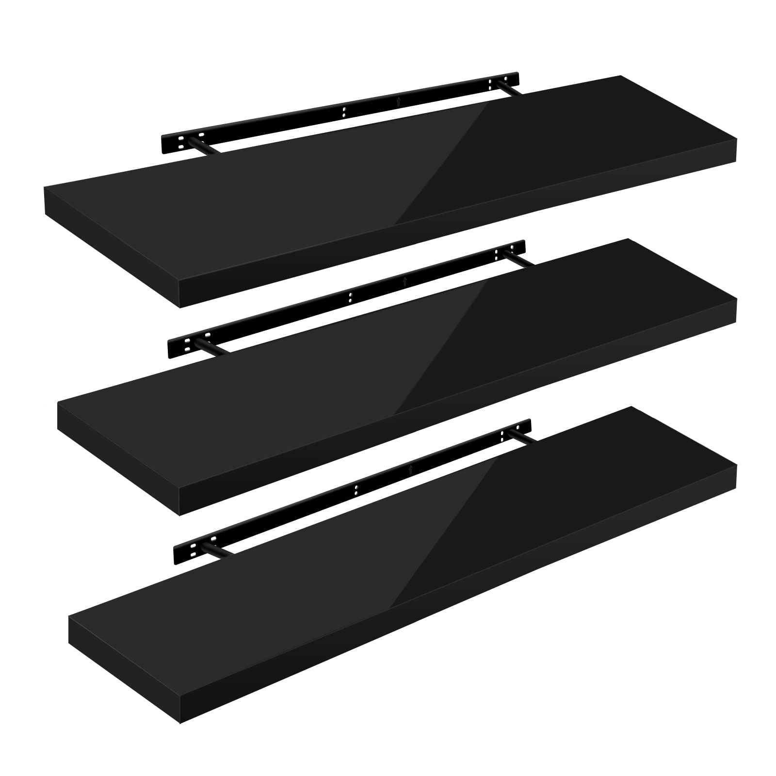 WOLTU High Gloss Floating Shelves,Set of 3 Wall Shelf,CD DVD Storage Corner Shelf, Premium Wooden Shelves for Bedroom LivingRoom kitchen 120x22.9x3.8cm, Black, RG9484sz-3