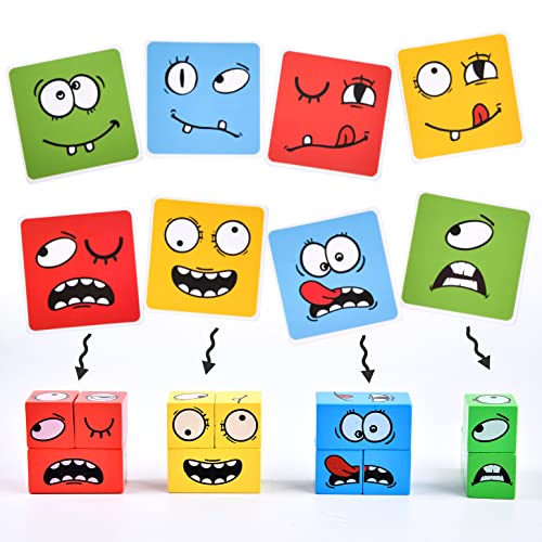Wooden Face Changing Magic Cube Game, Expression Puzzle Building Blocks Pattern Matching Game, Educational Puzzles Toy Board Games For Kids And Adults With Bell #TOP2