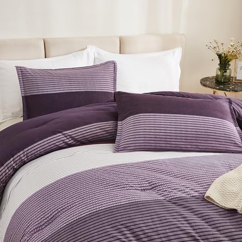 Litanika Purple Queen Comforter Set, 3 Pieces Striped Bedding Set, Lightweight Soft All Season Down Alternative Comforter Set (1 Gray&Purple Comforter, 2 Pillowcases)
