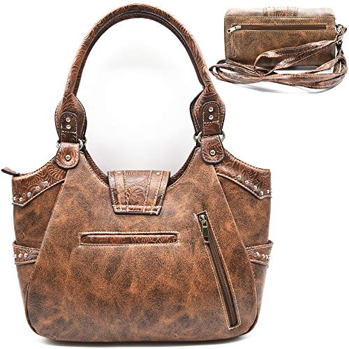 Western Style Tooled Leather Conceal Carry Purse Buckle Country Large Totes Handbag Women Shoulder Bag Wallet Set Brown4