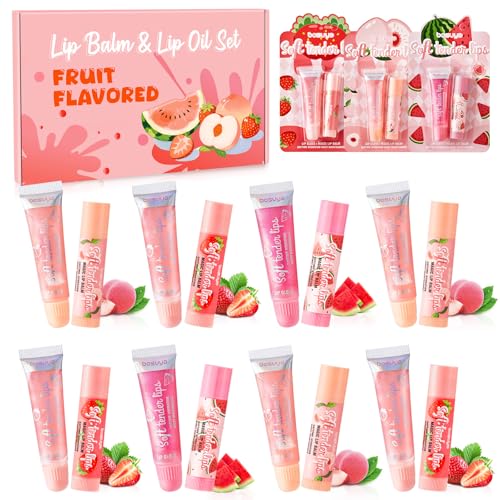 Set de bálsamo y brillo labial, 8 bálsamos + 8 brillos, set frutal para el cuidado de labios secos y agrietados, barras de bálsamo labial, pequeño regalo para mujeres y niñas, Navidad, cumpleaños