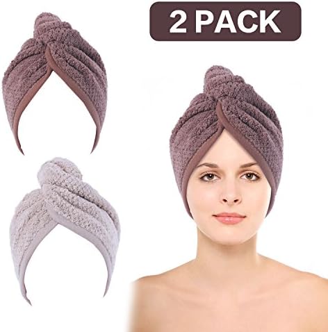 2 Pack Hair Towel Wrap Turban Microfiber Drying Bath Shower Head Towel with Buttons, Quick Magic Dryer, Dry Hair Hat, Wrapped Bath Cap(Off white and Brown)