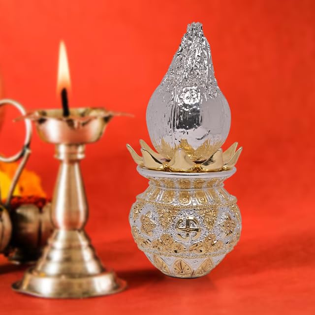 Image of Diviniti 999 Silver Plated Double Tone Kalash With Coconut for Grah Parvesh, Good Luck, Mandir, Temple, Wisdom, Pooja Thali Nariyal & Lota, Home Festival, Puja Room, Shagun Luxury Gift (19x4 CM, 760g)