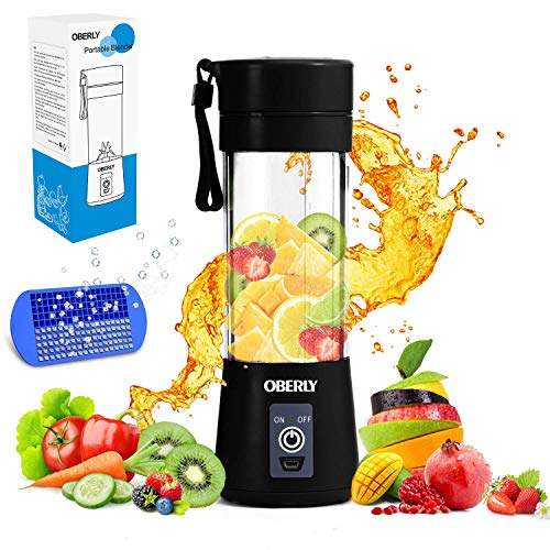 OBERLY Portable Blender, Smoothie Juicer Cup - Six Blades in 3D, 13oz Fruit Mixing Machine with 2000mAh USB Rechargeable Batteries, Ice Tray, Detachable Cup (FDA, BPA Free) (Renewed)