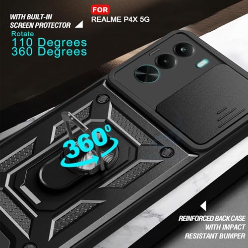 Image of AIBEX Back Cover Compatible for OnePlus Nord CE 6 Lite 5G / Realme P4X 5G | D10 Tough Armor Case | Sliding Camera Shield | 360 Protection | Kickstand Ring Holder | Military-Grade Bumper Case - Black