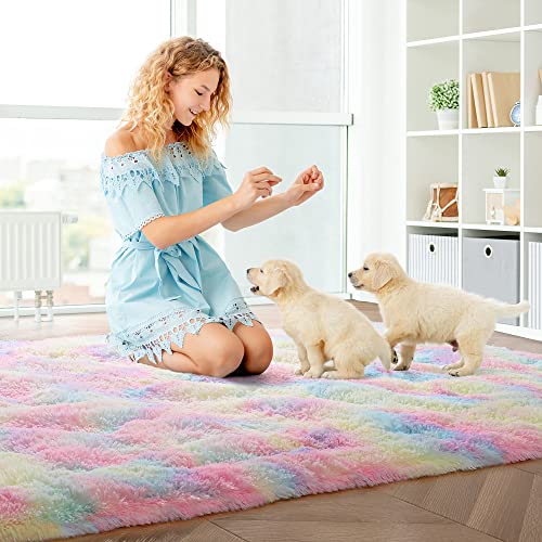 Foxmas Kids Rainbow Rug Cute Small Rug For Kids Room, Bedsides Rug Throw Rugs Washable, Unicorn Rugs For Girls Bedroom, Tie Dye Rugs For Girls Room Bedroom Area Rug Nursery Rug, 3X5 Feet #TOP1