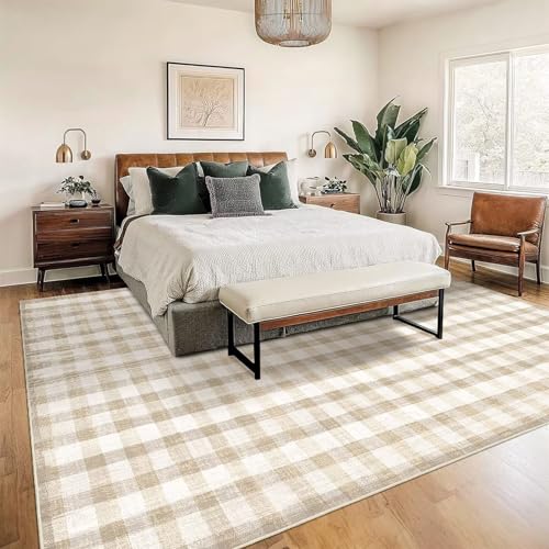 Image of Checkered Area Rug, 8x10, Beige | Washable, Non Slip, Modern Neutral, For Living Room Bedroom Office Patio Dining Room