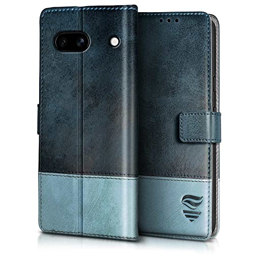 Image of FLIPPED Vegan Leather Flip Case Back Cover for Google Pixel 6A (Flexible, Shock Proof | Hand Stitched Leather Finish | Card Pockets Wallet & Stand | Blue with Aquamarine)