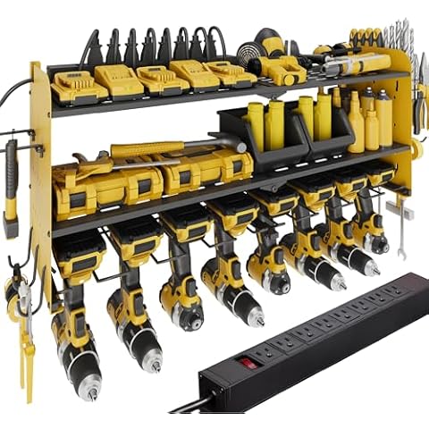 Suchtale Power Tool Organizer with Charging Station,33.2"Garage 8 Drill Holders Wall Mount,3 Layers Heavy Duty Metal Tool Shelf with 8 Outlets Power Strip,Utility Rack for Screwdriver Pegboard,Yellow Cover