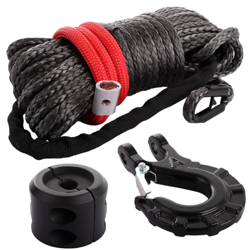 LDHHYH 1/4 Synthetic Winch Rope, 50 Ft Heavy Duty 10,000LBs Synthetic Winch Line Cable Rope with Hook, Universal Fit for Truck SUV Large Off-Road Vehicle (Black)