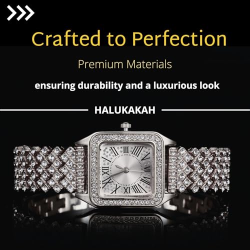 Halukakah Diamonds Watch Iced Out for Boy Teens Kids - 18K Real Gold/Platinum Plated, Square Roman Numeral Dial, Japanese Quartz - 7.7" Length - Optional with Cuban Link Chain - for Birthday, Parties4