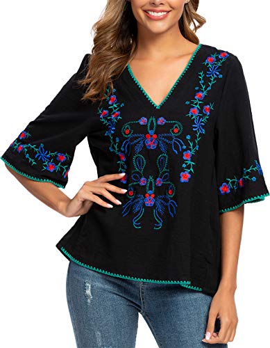 YZXDORWJ Women's Summer Peasant Blouses Boho Embroidery Mexican Bohemian Tops Shirt Tunic Blouses2