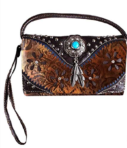 Texas West Western Rhinestone Laser Cut Feather Floral Concho Crossbody Small Pouch Wallet (Tan) - Main Image