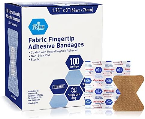 MED PRIDE Sterile Fabric Fingertip Adhesive Bandages 1.75'' x 3'' [100 Count]- First Aid Finger Bandages Coated with Hypoallergenic Adhesive- Latex-Rubber Free Wound Care Bandages- Individual Wrapped