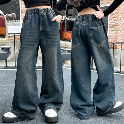 Girls Jeans Elastic Straight Leg Baggy Button Denim Pants High Waist Trousers Trendy Breathable Streetwear with Pockets3