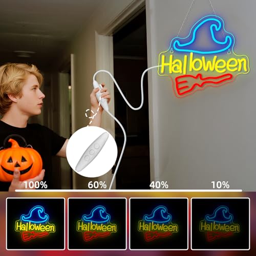 Image of NOSUN Halloween Neon Sign Red Broom Neon Lights with USB Blue Wizard Hat LED Sign Halloween Neon Signs for Wall Decor Neon Light Sign for Bar Party Bedroom Man Cave Children's room