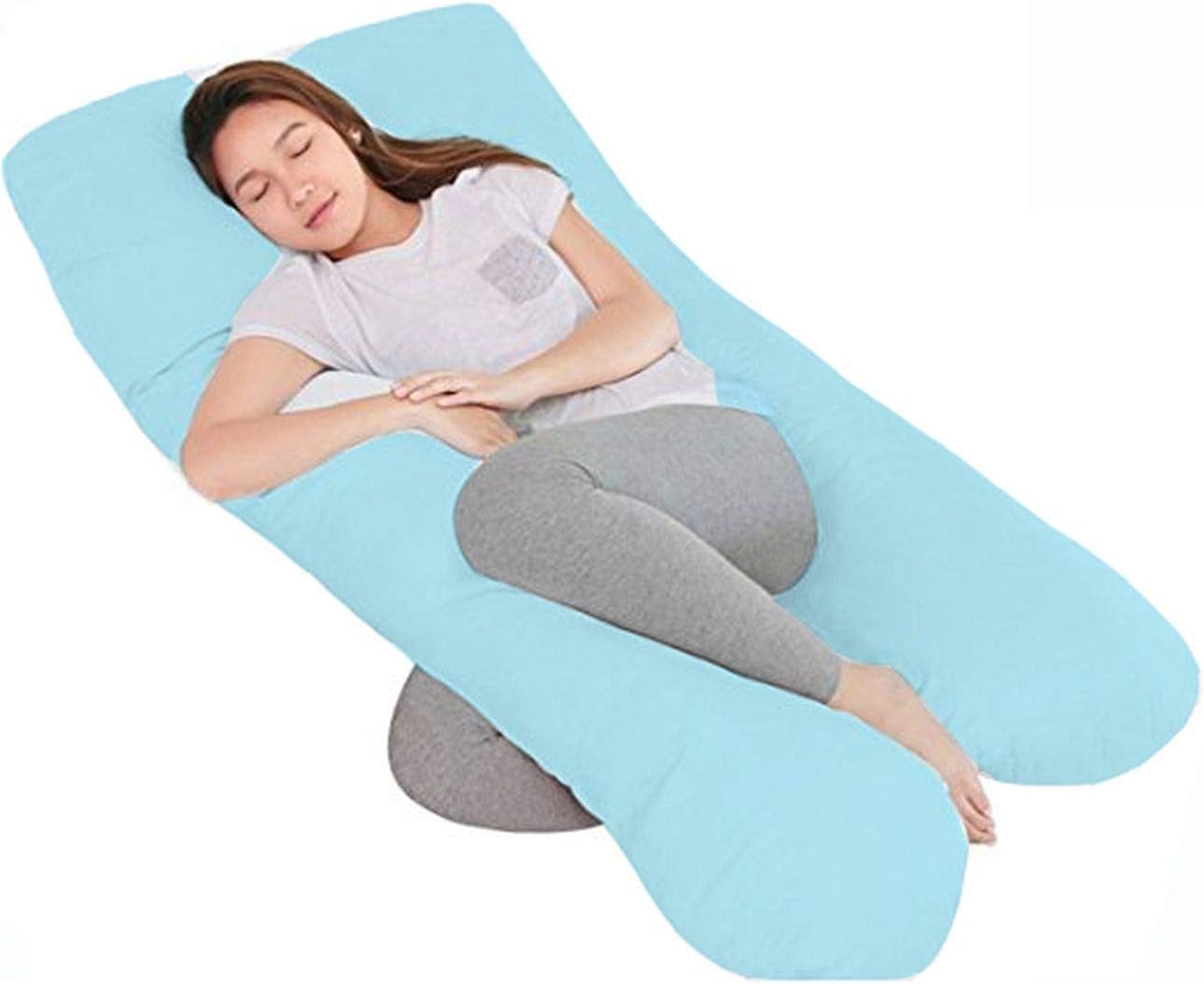 Jaipur Linen U Shaped Pregnancy Pillow/Body Pillow/Lumbar Pillow/Maternity Pillow with Cotton Zippered Cover-Sky Blue