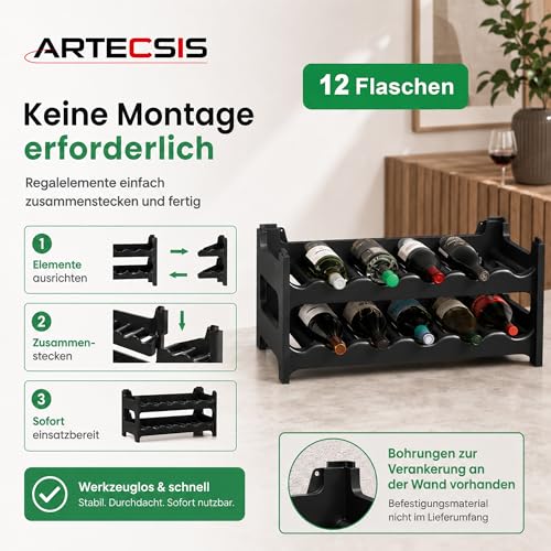 Foto von ARTECSIS® Weinregal stapelbar & modular erweiterbar Kunststoff für 12 Weinflaschen (schwarz) - Stabiles Flaschenregal & Getränkeregal Gastronomie-Qualität - Flaschen Weinständer & Weinflaschenhalter