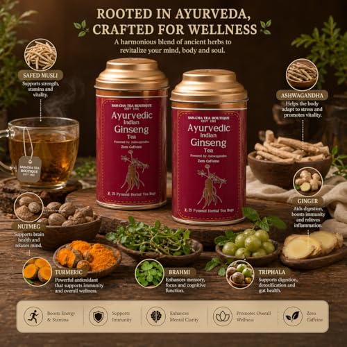 Image of Sancha Tea Boutique, Ginseng Herbal Tea with Ashwagandha (Indian Ginseng), 25 Pyramid Bags x Pack of 2, Caffeine Free Ayurvedic Herbal Tisane, Biodegradable Corn-Fibre Bags