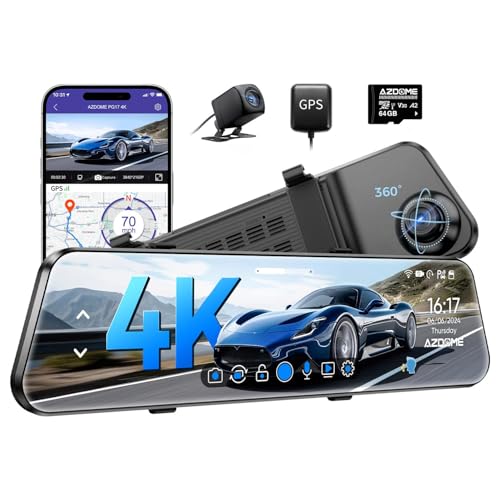 AZDOME PG17 12' 4K Mirror Dash Cam Front and Rear, Wi-Fi 6 Rear View Mirror Camera with 64GB Card, Voice Control Dash Camera for Car, Rearview Mirror Camera...