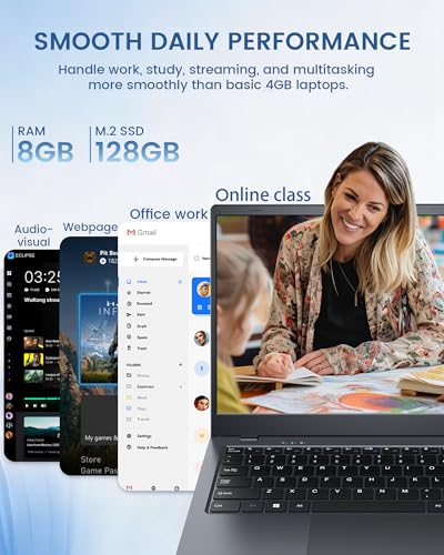 Image of Laptop, 8GB RAM, 128GB, Pentium 6500Y (Up to 3.4GHz, Beat Celeron) | 14 Inch FHD IPS Screen, Lightweight Laptops for School & Work, Dual USB C, USB 3.2, HDMI, WiFi