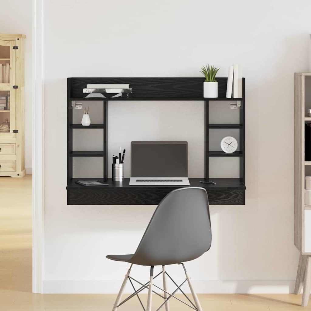 Wandtisch Schwarz Eichen-Optik 105 x 48 x 75 cm Holzwerkstoff mit integrierten Regalen für platzsparendes Home-Office und Moderne Büroorganisation