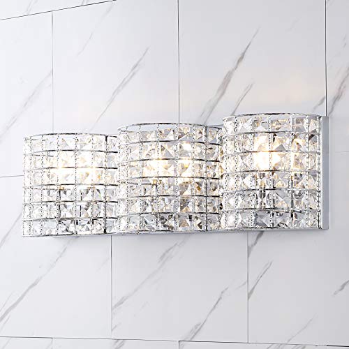 Image of JONATHAN Y 24 inch Chrome Modern LED Vanity Light Sconce for Bathroom Decor, 3-Light, Clear Crystal Shade, Glam Wall Lighting for Hallway Entryway, LED Bulb Included (JYL7544A)