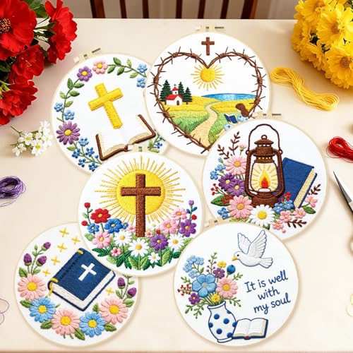 Image of BEUNITONE 6PCS Bible Cross Pattern Embroidery Starter Kit, Hand Embroidery Kits for Adults Beginners Include Hoop Needles Threads and Instruction, Funny Needlepoint Craft Kits for Gifts and Home Decor