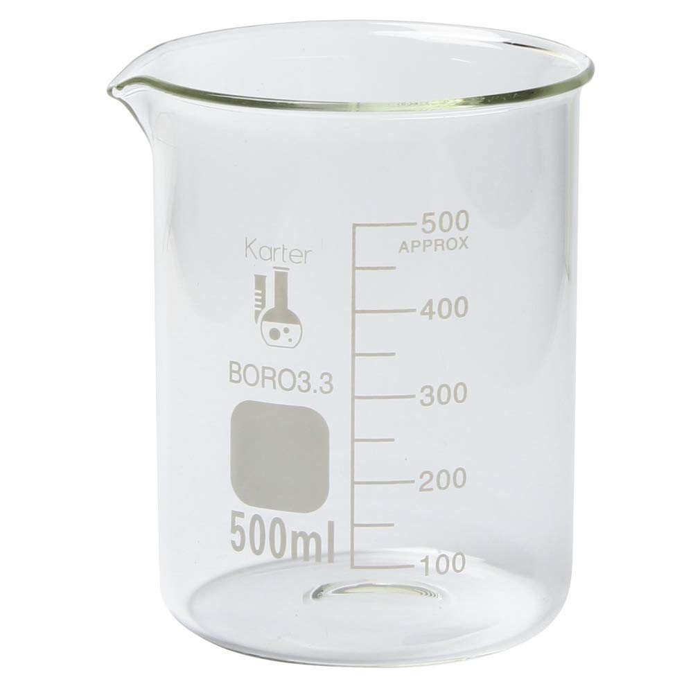 500ml Beaker, Low Form Griffin, Borosilicate 3.3 Glass, Spout & Printed Graduations, Karter Scientific 247L5 (Pack 24)