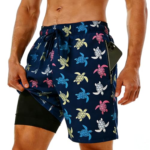 Image of Men's Swim Trunks with Compression Liner, Quick Dry Hawaiian Swimwear Bathing Suit Drawstring Board Shorts