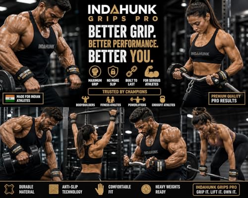 Image of INDIAHUNK Weight Lifting Grips (Pair) for Heavy Powerlifting, Deadlifts, Rows & Pull Ups - Neoprene Padded Wrist Wrap Support with Strong Rubber Grips, Bodybuilding Straps, Free Grip Pouch ( Purple)