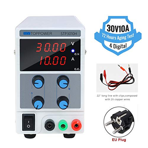 SKY TOPPOWER Fuente de alimentación de Laboratorio DC Ajustable 30V / 10A Variable con Pantalla LED de 4 Digitales para Laboratorio, hogar, reparación General, Viene con Enchufe de la UE
