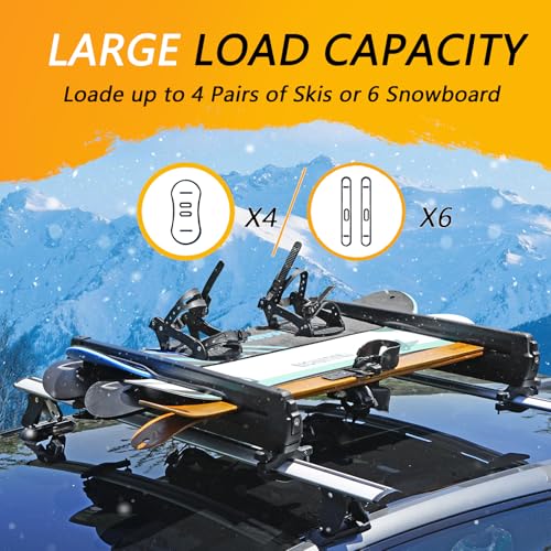 Ski and Snowboard Roof Racks with Sliding Feature, Ski Roof Racks with Anti-Theft Lock Racks Carrier for Snowboard Universal Ski Top Holder Fits for Square/Round/Aero/Oval Cross Bars, Black - Thumbnail 6