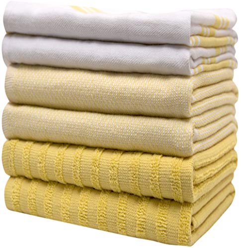 Image of Premium Kitchen Towels (20 inchx 28 inch, 6 Pack) | Large Cotton Dish Towels | Flat & Terry Highly Absorbent Kitchen Linen Set with Hanging Loop | Yellow Striped