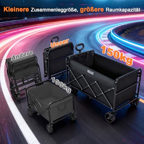 Bollerwagen Faltbar, Handwagen faltbar 150L Tragkraft 150KG mit verstellbarem Griff, Offroad-Rädern für Camping Garten Outdoor 94x43x42cm