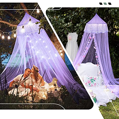 Jeteveven Bed Canopy, Bed Curtain With Star For Single To King Size, Canopy Bed Curtains Round Lace Dome, Bedroom Indoor Outdoor Decor For Girls Boys Adults - Purple #TOP3