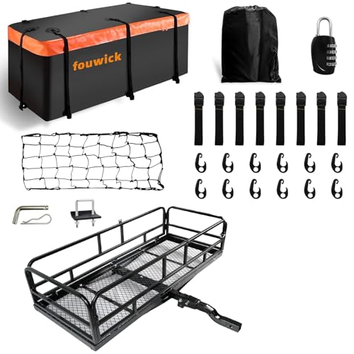 fouwick lugglage Basket 60x24x13 inches, Folds Flat, 600 Lbs Heavy Duty Hitch Cargo Basket with Waterproof Bag, Black，Luggage Storage (60X24X13 inch with Bag)