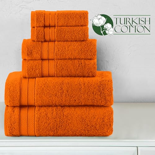 Image of Elegant Comfort Luxury 6-Piece Towel Set, Premium Soft 100% Turkish Cotton, Three Line Popcorn Design 2 Bath Towels, 2 Hand Towels and 2 Washcloths Towel Set-Quick-Drying and Absorbent, Vibrant Orange