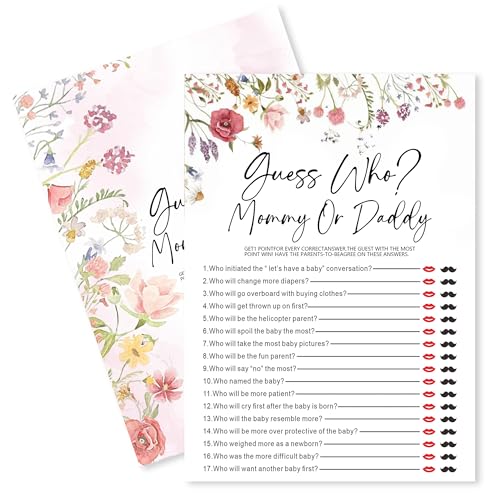Floral Fill In Baby Shower Game Cards - Mommy Or Daddy Game For Boys & Girls - Watercolor Flowers Baby Announcement Gender Reveal Baby Shower Party Activities For New Parents To Be - B06