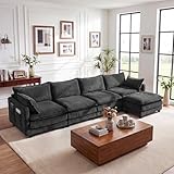Vesgantti 143' L Shaped Modular Sectional Couch, Comfy Corduroy Upholstered Cloud Couches for Living Room, Modern 3 Seater Sofa with Movable Ottoman & Throw Pillows, Dark Grey