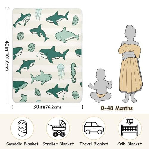 Custom Ocean Animal Fish Shark Green Beige Cotton Blanket Soft Personal Bunny Blankets for Kids for Newborns, Infants, & Toddlers 30x40in mantitas para3