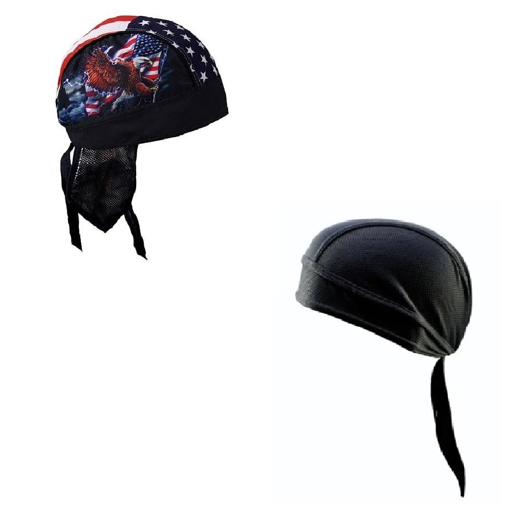Generic Lot or Set of 2 Patriotic American Eagle Flag and Solid Black Moisture Wicking Headwrap Durag Skull
