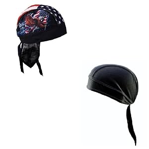 Generic Lot or Set of 2 Patriotic American Eagle Flag and Solid Black Moisture Wicking Headwrap Durag Skull