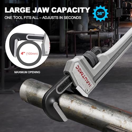 Image of HAUTMEC 36 Inch Aluminum Straight Pipe Wrench, Heavy Duty Adjustable Plumbing Wrench, 4 inch Jaw Capacity, for Pipes, Tees, Ball Valves and Other Objects HT0188-PW