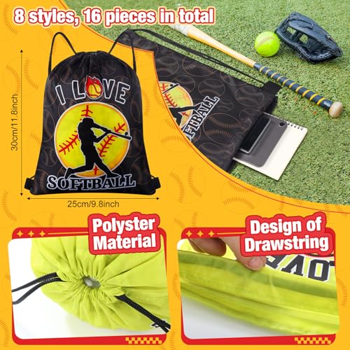 Image of Honoson 16 Pcs Softball Drawstring Backpack Softball Goodie Bags Baseball Gift Bags Drawstring Backpack Baseball Party Favors Snack for Sports Team Birthday Party Supplies