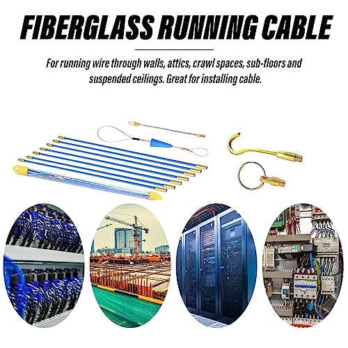 MEGYAD Fiberglasstangen Kabeleinziehhilfe Kabelstäbe Fischband: 10 Stangen x 33 cm x 4mm Einziehband Einziehspirale mit Führungsfeder, Einziehhilfe mit Haken und Loch zur Kabelverlegung