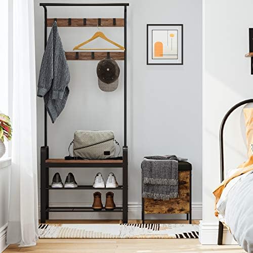VASAGLE Coat Rack, Coat Stand with Shoe Storage Bench, 4-in-1 Design, with 9 Removable Hooks, a Clothes Rail, for Hallway, Entrance, 33.7 x 77 x 183 cm, Industrial, Hazelnut Brown and Black HSR040B03