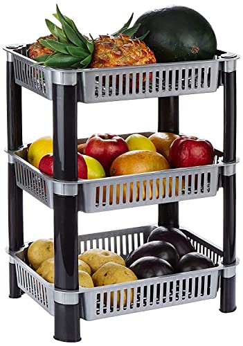 Image of AEXONIZ Plastic Rack for Kitchen Square Baskets for Kitchen Storage Rack Stand Multi-Layer Storage Organizer Trolley Onion Potato Rack for Kitchen,Vegetable Storage Rack(3 Layer, Grey)